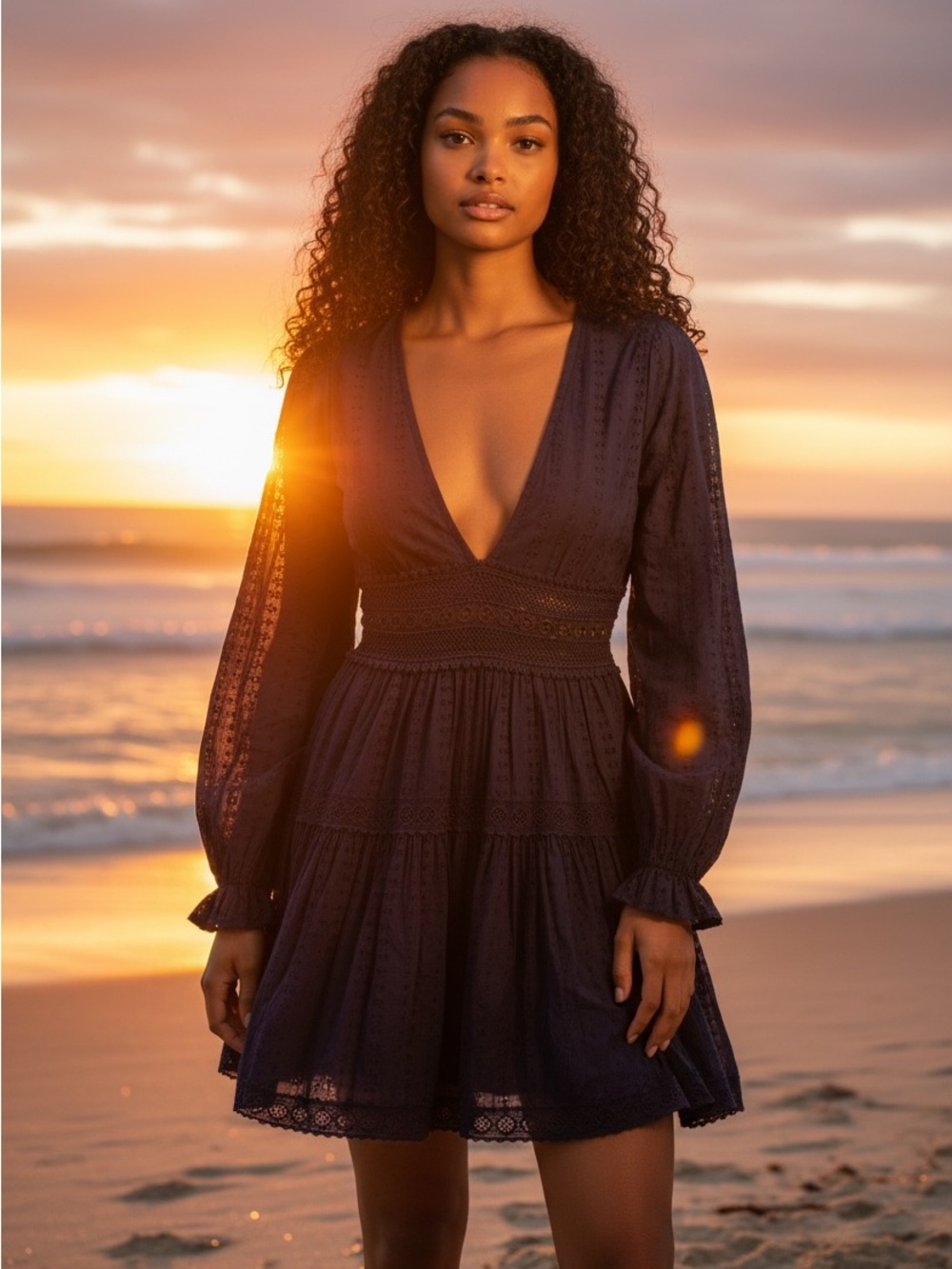 Free People Navy Eyelet Long-Sleeve Mini Dress 100% Cotton Lightweight